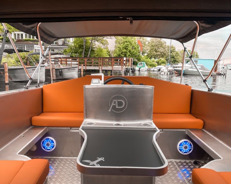 Berlin: Electric Boat Rental for self-driving 2 hrs - Swimming, shade, music, and a cooler already onboard